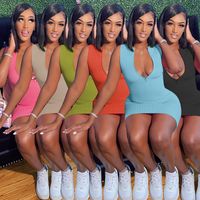 Wholesale Sexy womens Party Dresses bodycon zipper V neck sleeveless tight mini dress Casual nightclub streetwear clubwear plus size clothing Summer clothes