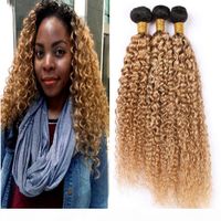 Wholesale Light Brown Ombre Peruvian Curly Human Hair Extensions B Dark Root Virgin Hair Weaves Kinky Curly Honey Blonde Ombre Bundle Deals