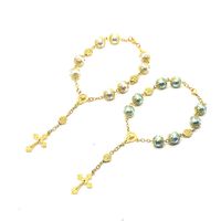 Wholesale Cross Strand Bracelets Imitaiton Pearl Beades Gold Jesus Rosary Bracelet For Men Women