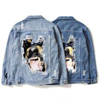 Wholesale Men s designer denim jacket on the back personality vicious dog distressed hole design couple street loose jacket S XL size