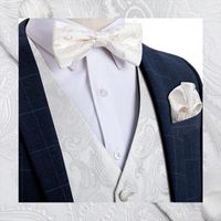 Wholesale Men s Vests V neck Men White Paisley Suit Vest Silk Waistcoat Formal Bowties Cufflinks Pocket Square Set Wedding J Barry wang Male