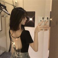 Wholesale Women s T Shirt Watch Out Sexy Open Back Tassel Top Summer Hong Kong Style Low Cut Large Short Sleeve T shirt Delivery