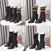 Wholesale Designer Socks Boots Laureate Knitted Elastic Knitting Chunky High Heels Shoes Winter Party Women Pointed Toes Ankle Boot Sexy Lady Letter Martin Trainers Shoe Box