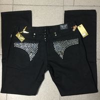 Wholesale Mens Robin Jeans Black with Silver Crystal Studs Denim Pants Designer Trousers Wing Clips Plate Tag size