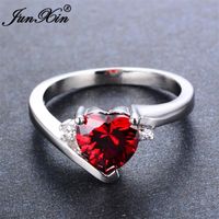 Wholesale Wedding Rings JUNXIN Romantic Female Red Heart Ring Fashion White Gold Filled Birth Stone Jewelry Promise Engagement For Women