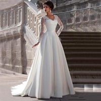 Wholesale Modest Lace Appliqued A line Satin Wedding Dress Sweetheart Neck Sheer Back Cap Long Sleeve Plus Size Bridal Gown