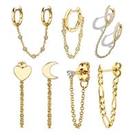 Wholesale 1pc Ear Hole Piercing Stud Earrings For Women Moon Heart Gold Chain CZ Crystal Double Circle Huggies Jewelry