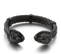 Wholesale Mens Lion End Cuff Bracelet Cable Wire Bangle Stainless Steel Gold Plated Silver Black Biker Punk Inner mm mm g