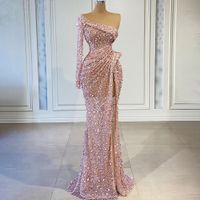 pink silver mermaid dresses 2022 - Pink Mermaid High Split Evening Dresses 2021 Luxury Beaded Sequined Elegant Long Sleeve Prom Gowns vestidos