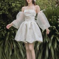 Wholesale Women White Printing Lace Gauze Hollow Bow Dress Halter Short Puff Sleeve Slim Fit Fashion Summer D0887