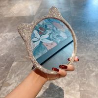 Wholesale Mirrors Shiny Crystal Cat Makeup Mirror Foldable Standing White Desktop Dormitory Decorative Round Vanity Bedroom