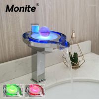 Wholesale Monite LED Bathroom Basin Faucet Chrome Brass Light Waterfall Wash Sink Water Power Mixer Colors Change Tap1