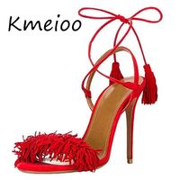 Wholesale KmeiooPlus Size Summer Women Shoes Fringe Sandals Tassels High Heels Open Toe Backless Stilettos Suede Lace up Party