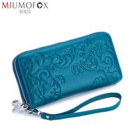 Wholesale Wallets Double Zipper Wristband Long Clutch For Women Large Capacity Thick Purse Fashion Wristlet Bag Rfid Genuine Cow Leather