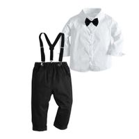 Wholesale 80 CM Kids Children s Black Tie Suit Boys Formal Dress Banquet Welcome Back to School Party Suspenders Pants and White Shirt Piece Gentle Wear Set L729R5T