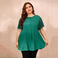 Wholesale Plus Size Long Blouse Shirt Women Autumn Lace Short Sleeve Solid Casual Green Loose Oversized Ladies Tunic Tops Women s Blouses Shirts