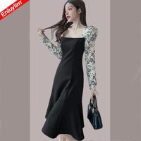 Wholesale Casual Dresses Women Year Winter Spring Patchwork Flower Print French Black Long Elegant Party Fish Tail Dress
