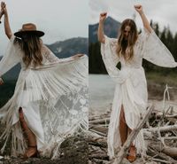 Wholesale 2021 Fashion Tassels Boho Wedding Gowns Flare Sleeves Sexy Backless Front Split Bridal Dresses See Through Lace Brides robes de mariée Hippie Country Beach AL9216