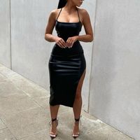 Wholesale Casual Dresses Sexy Black PU Thin Shoulder Strap Long Dress Ladies Summer Party Open Back Slit Tight Ankle