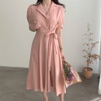 Wholesale Women Summer Linen Dress Retro Shirt Bandage Waist Lace up Apricot Pink Robe Loose Clothing Chic W1038
