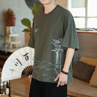 Wholesale Summer Cotton Hemp Printing Casual Chinese Style Loose Short Sleeve T shirt Men s Round Neck Fashion Brand Batch
