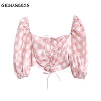 Wholesale Summer blouse women sexy shirt korean puff sleeve top pink square neck top satin polka dot blouse cute cropped shirt drawstring Y0505