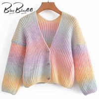 Wholesale BlingBlingee Za Autumn Woman Crop Tops Rainbow Tie Dye Chunky Knit Cardigan V Neck Female Casual Loose Sweaters Jacket Q0828