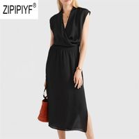 Wholesale Elegant Fashion Women Dresses Low V Neck Silk High Waist Side Slit Black Casual Office Lady Mid Length Z2650