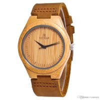 Wholesale Natural Retro Men s Bamboo Wooden Watch with Brown Cowhide Leather Strap Woman lovers watches Japanese Quartz Movement Casual