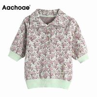 Wholesale Aachoae Vintage Floral Printed Polo T Shirt For Women Summer Short Sleeve Knitted Tops Turn Down Collar Casual Tee Shirts