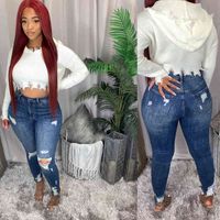 Wholesale Plus Size Light Blue Ripped Jeans for Women Street Style Sexy Mid Rise Distressed Trouser Stretch Skinny Hole Denim Pencil Pants