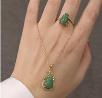 Wholesale Titanium steel does not fade gold Zhaocai Nafu gourd Necklace Pendant ring set female green crystal light luxury clavicle