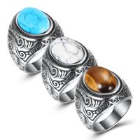 Wholesale Majestic Antique Silver Plated Ring Retro Court Turquoise Tiger Eye Titanium Steel Rings Jewelry for Men