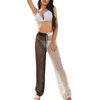 Wholesale Women See Through Swimwear Bikini Cover Up Patchwork Beach Wide Leg Pants Summer Ladies Sexy Hollow Out Long Trousers Women s