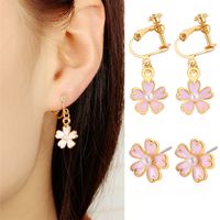 Wholesale Small Fresh Drops of Oil Pink Cherry Blossoms Pearl Earrings Korean Version of Five leaf Flowers Earrings Ear Clips
