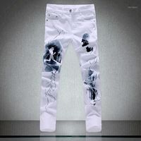 Wholesale Men s Jeans SHZQ Men Casual Denim Long Design Korean Style Stretch Slim Fit White Print Fashion Dropship Plus Size