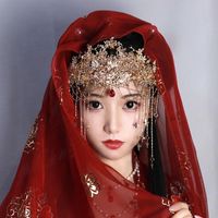 Wholesale Hair Clips Barrettes Gold Queen Bride Crown And Tiaras Chinese Headbands Wedding Princess Red Rhinestone Mysterious Face Curtain Tassel Ve