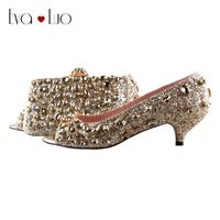 Wholesale Dress Shoes BS1019 Custom Made Gold Glitter Rhinestones With Matching Bag Set Open Toe Women Low Heel Party Bridal Wedding