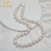 Wholesale ASHIQI mm Big Natural Freshwater Pearl Necklace Real Sterling Silver Clasp White Round Pearl Jewelry for Women Gift