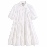 Wholesale women simply solid color casual white shirtdress office lady puff sleeve pleats vestidos chic leisure big swing dresses DS3438