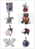 Wholesale 12 Assorted Antique Silver Mixed Style Charms Gemstone Pendants Turtle Owl Peacock Animals Shape Healing Chakra Beads Crystal