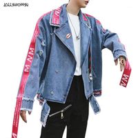 Wholesale Men Loose Blue Denim Coat With Letters Embroidery Streetwear Hip Hop Notched Lapel Ripped Jean Jackets Side Ribbons Men s