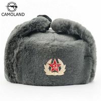 Wholesale Soviet Army Military Badge Russia Ushanka Bomber Hats Pilot Trapper trooper Hat Winter Faux Rabbit Fur Earflap Men Snow Caps H0818