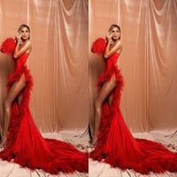 Wholesale Red Beautiful Sexy Evening Dress With Fur Sleeveless Prom Dress Sweep Train Custom Made Formal Party Gowns