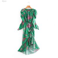 Wholesale Sexy designer Dresses Dresse Clothing A line Green Long Sleeve print new1 women s fashion with Asymmetric Lotus leaf lace flowers