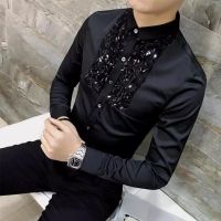 Wholesale New Korean Brand Fashion Sequin Slim Fit Mens Lace Shirt Long Sleeve Men Dress Shirts Casual Designer Clothes Black White