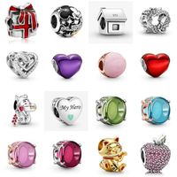 Wholesale 2021 NEW Sterling Silver Gift Purple Heart Shaped House Strawberry Lucky Cat Charm Fit DIY Women Bracelet Fashion Original Jewelry Gift
