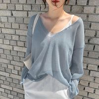Wholesale Women s T Shirt Alien Kitty Summer Women Knitted Solid V neck Ice Silk Loose Hollow Out Fashion All Match Female Office Lady Tops