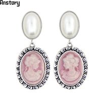 Wholesale oval pearl earrings for women lady queen cameo stud vintage look antique silver plated fashion jewelry te492