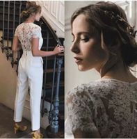 Wholesale Elopement Jumpsuits Bridal Gowns Wedding Dresses For Women White Lace Appliqued V Neck Pant Suits With Pockets Short Sleeve Bride Formal Reception M465